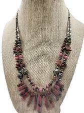 Pink Rhodonite Double Stranded Beaded Graduated Spike Goldtone Boho Necklace