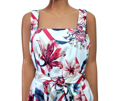 M&S DRESS UK 12 WHITE FLORAL PRINT WIDE STRAPS FIT&FLARED BELTED COTTON MIDI #1 - Picture 5 of 11
