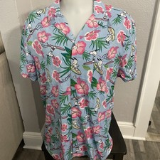 Peanuts Snoopy Surfing With Tropical Floral Light Blue Aloha XL Hawaiian Shirt