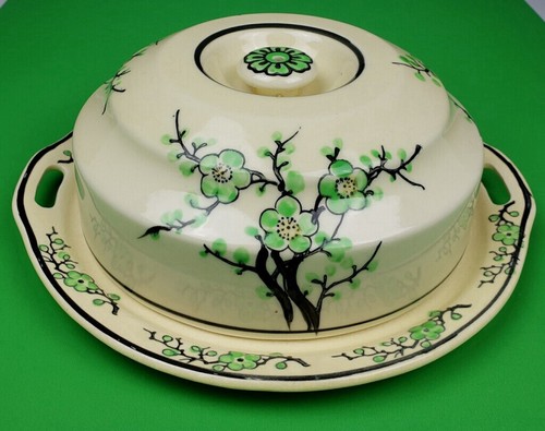 VTG Japan Ceramic Pottery Covered Dish Green Cherry Blossom Mon I Yama - Picture 2 of 24