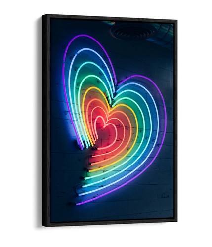 RAINBOW HEART NEON LIGHTS SIGN -FLOAT EFFECT CANVAS WALL ART PIC PRINT GRAFFITI - Picture 1 of 12