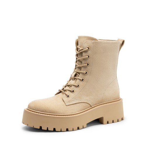 Women Lace Up Platform Low Heel Round Toe Side Zipper Combat Ankle Boots - Picture 18 of 27