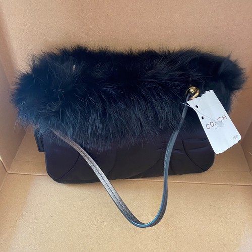 Coach Sateen Signature Black Quilted Wristlet with Real Fur Trim
