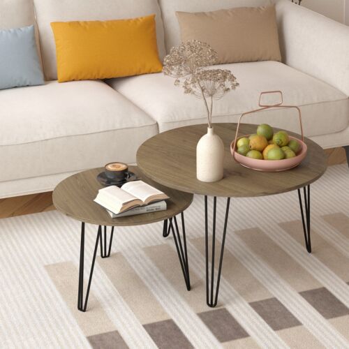 Round Coffee Table Set of 2 Nesting End Side Tables with Metal Legs Home Office - Picture 2 of 13