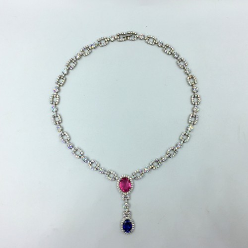 Stunning Square Link Royal Style Multi Color Gemstones Wedding Women's Necklace - Picture 5 of 11