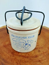 Vintage Kaukauna Klub Mini Stoneware Cheese Butter Crock, Complete, Nice!