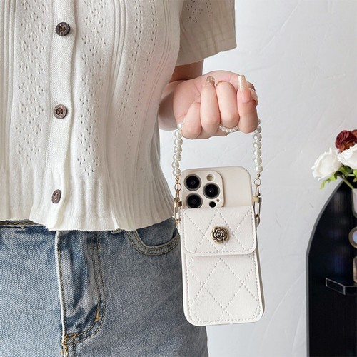 For iPhone Samsung Crossbody Card Wallet Case Pearl Strap Phone Cover Women Girl - Picture 3 of 15