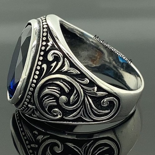 Blue Sapphire Ring Mens Turkish Ring Vintage Blue Stone Ring New Year Gifts Ring - Picture 7 of 7