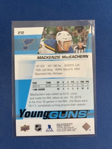 2019-20 Upper Deck Young Guns 212 Mackenzie MacEachern St. Louis Blues - Picture 2 of 2