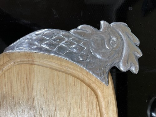 Rooster Cutting Board Made In Thailand With Pewter Rooster Head And Tail 12 By 7 - Picture 2 of 6