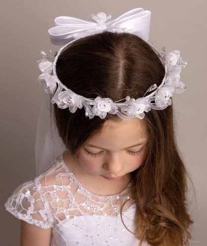 Weißer Mädchen Tüll Schleier mit Blumen Diadem & Satinschleife für besondere Anlässe - Bild 6 von 6