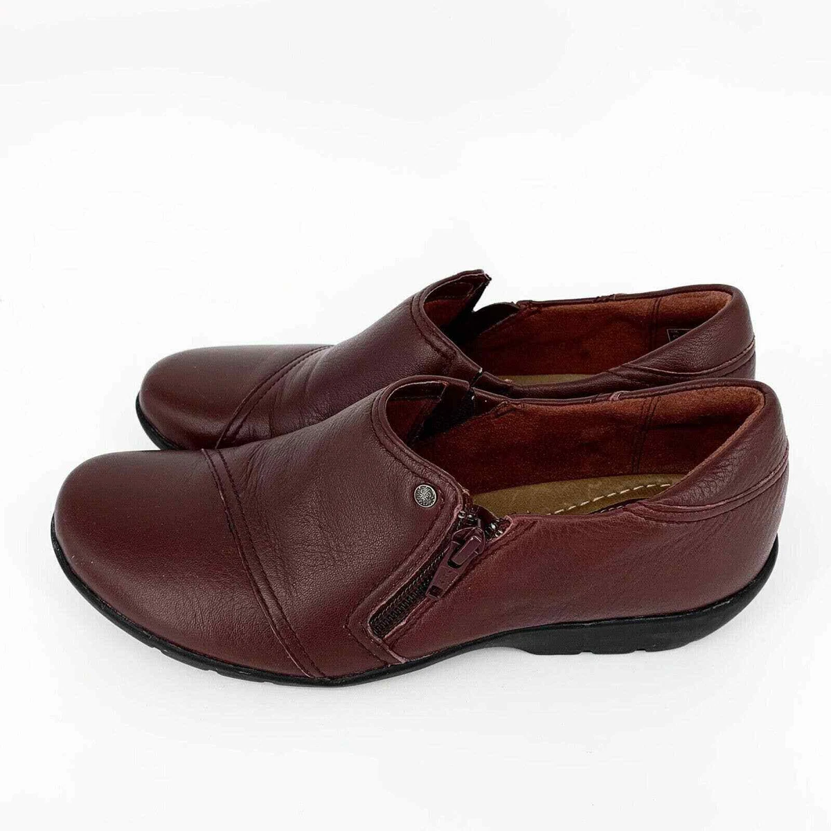 Clarks Artisan Burgundy Loafers Sz 7M Women s Slip On Shoes Flats Zip Sides