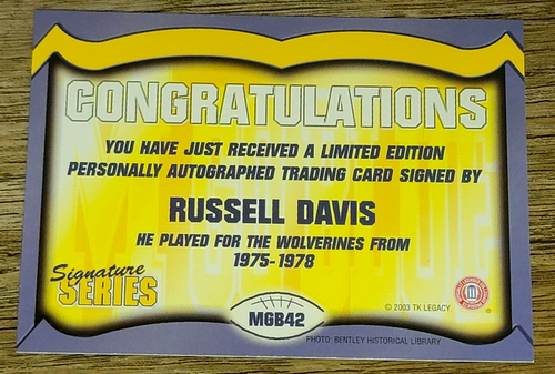 Autografo TK Legacy Michigan Wolverines MGB42 Russell Davis - Foto 2 di 2