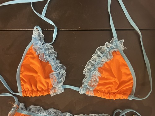 NWOT Sexy Skimpy Orange w/ Blue Lace Triangle Top Scrunch Butt Bottom Bikini Set - Picture 4 of 8
