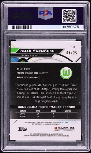 Omar Marmoush RC Rookie AUTO /25 Topps 2022-23 Finest Bundesliga PSA 9 Gold - Picture 3 of 3