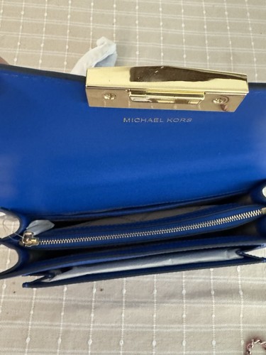 Michael Kors Jade LG Gusset Leather Shoulder Bag Grecian Blue Gold Chain , New! - Picture 6 of 11