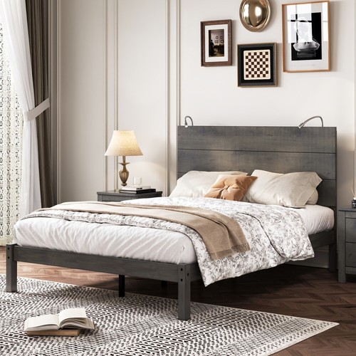 3-Pieces Bedroom Sets Queen Size Platform Bed with Two Nightstand Bedside Lights - Picture 21 of 46