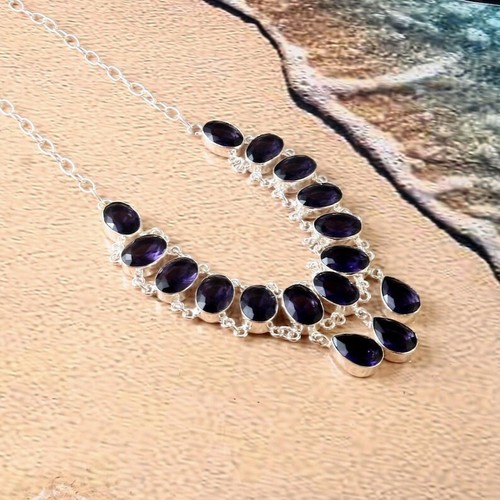 Purple Amethyst Gemstone 925 Sterling Silver Handmade Necklace Jewelry 18" - Picture 2 of 3