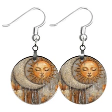 Bohemian Boho Sun & Moon Celestial Earrings Watercolor NO TARNISH Wood Dangle