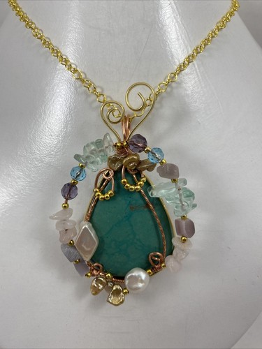 Handmade Copper Wire Wrap 2" x 3" Turquoise Pendant #266 & 18" Chain - Picture 2 of 7