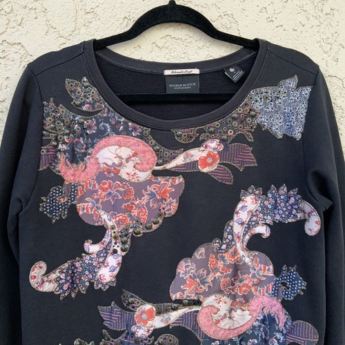 Scotch & Soda Maison Scotch Sweatshirt S 1 Flaming Print Flamingo Patchwork Crew - Picture 4 of 21
