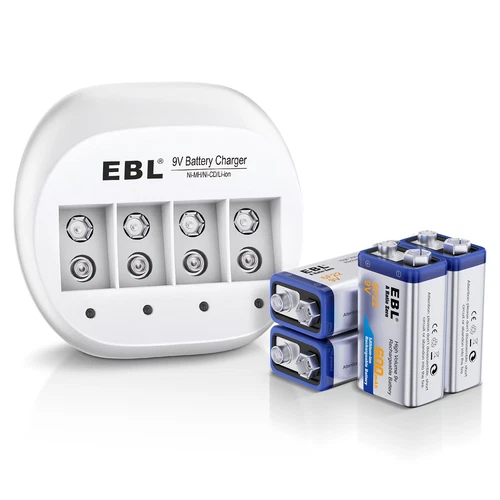 EBL 4x 9V Lithium ion Battery 600mAh Rechargeable Batteries + 9V Battery Charger
