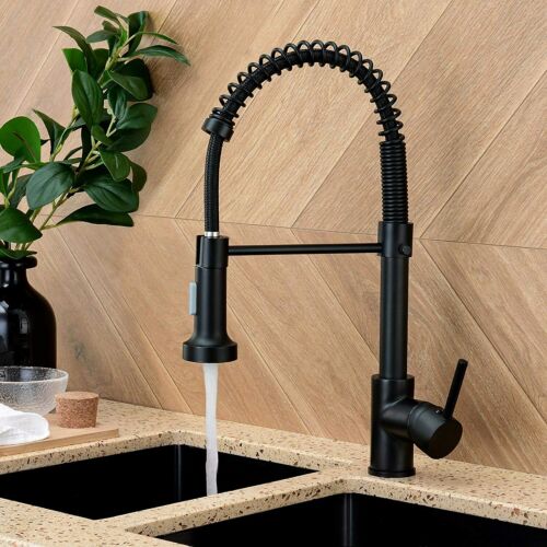 Matt Black Monobloc Kitchen Sink Mixer Tap with Pull Out Hose Spray Single Lever - Picture 2 of 12