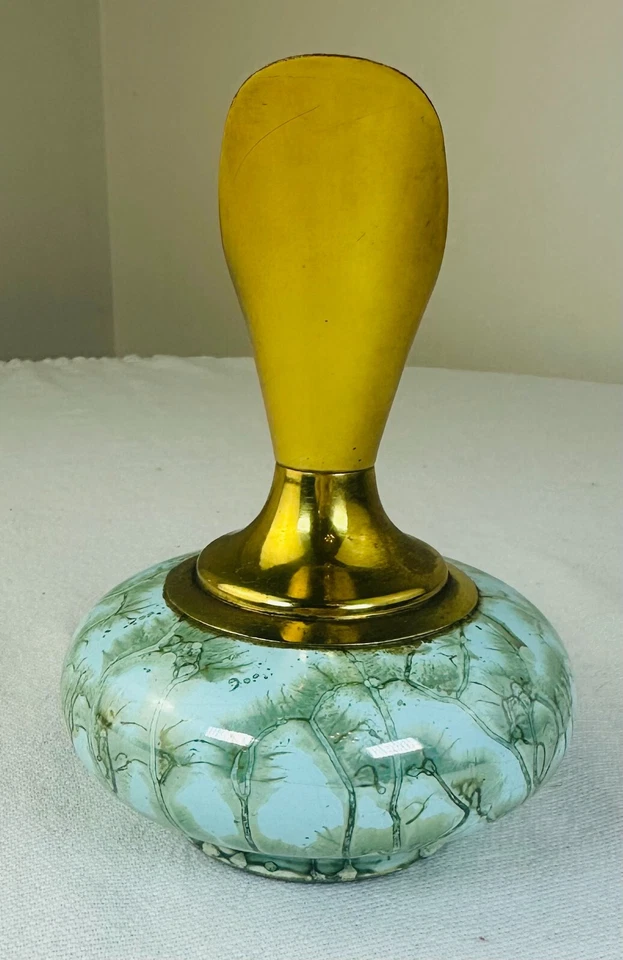 Delft Holland Brass & Marbled Robin Blue GreenHand Painted Pitcher Vase - Image 4 of 4