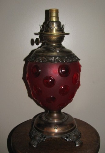 Antique PITTSBURGH Kerosene BANQUET LAMP Electrified BASE w/ RED SHADE Parts - Picture 1 of 9