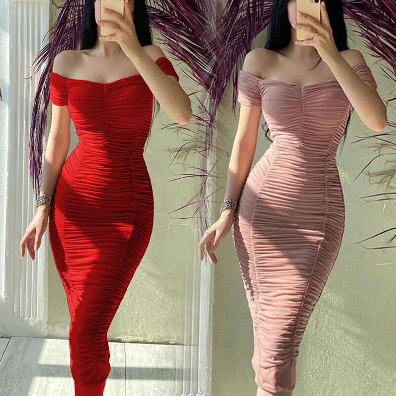 Women Off Shoulder Sexy Ruched Bodycon Dress Evening Party Cocktail Ball  Gown ⭐