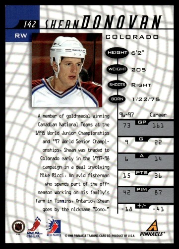 1997-98 Pinnacle Be A Player Autograph Shean Donovan Colorado Avalanche #142 - Bild 2 von 2