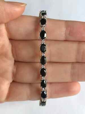 925 Sterling Silver 8.50 Ct Oval Cut Lab Created Black Onyx Tennis Bracelet 7''