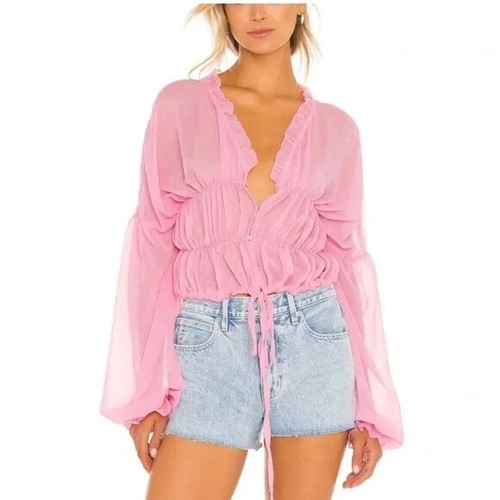 Y2k Going Out Top Cropped Sheer Ruffled Long Sleeve Pink Medium NWT Boho Peasant - Picture 2 of 9