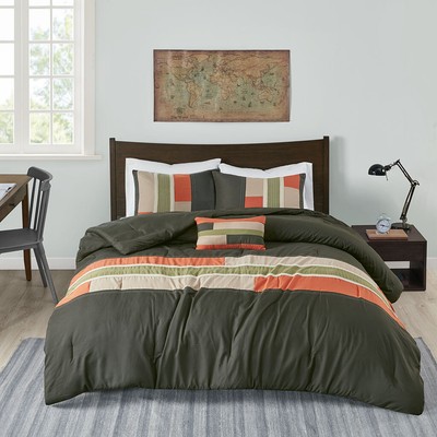 Soft Modern Orange Green Stripe Grey Khaki Comforter Set Twin Xl