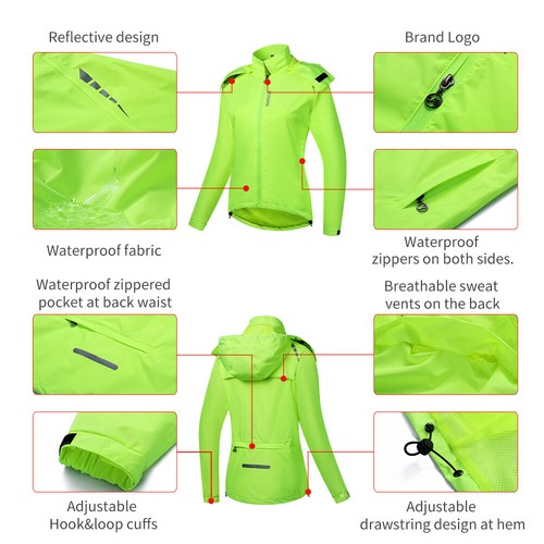 WOSAWE Women Cycling Raincoat Windproof Waterproof Reflective Hooded Windbreaker - Picture 12 of 16