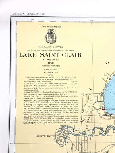 1948 Army Corps of Engineers Chart No 42 Lake Saint Clair 36" X 34" Survey Map - Picture 7 of 13