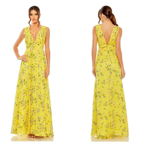 Ieena Mac Duggal 56011 Floral Maxi Dress Gown sz: 4 Yellow Formal Wedding Prom