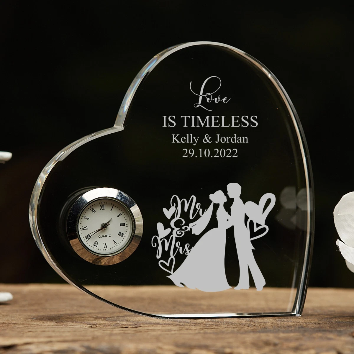 Engraved Heart Crystal Glass Clock Wedding Gift Or Wedding Present