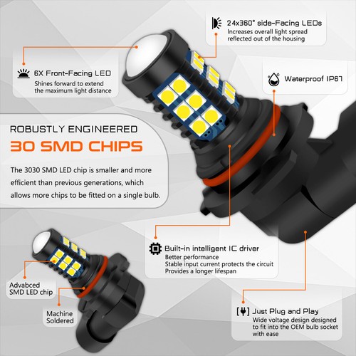 2X 9005 HB3 High Power Bright Car LED Bulbs 3030 30 SMD High Beam Replacement - Picture 3 of 18