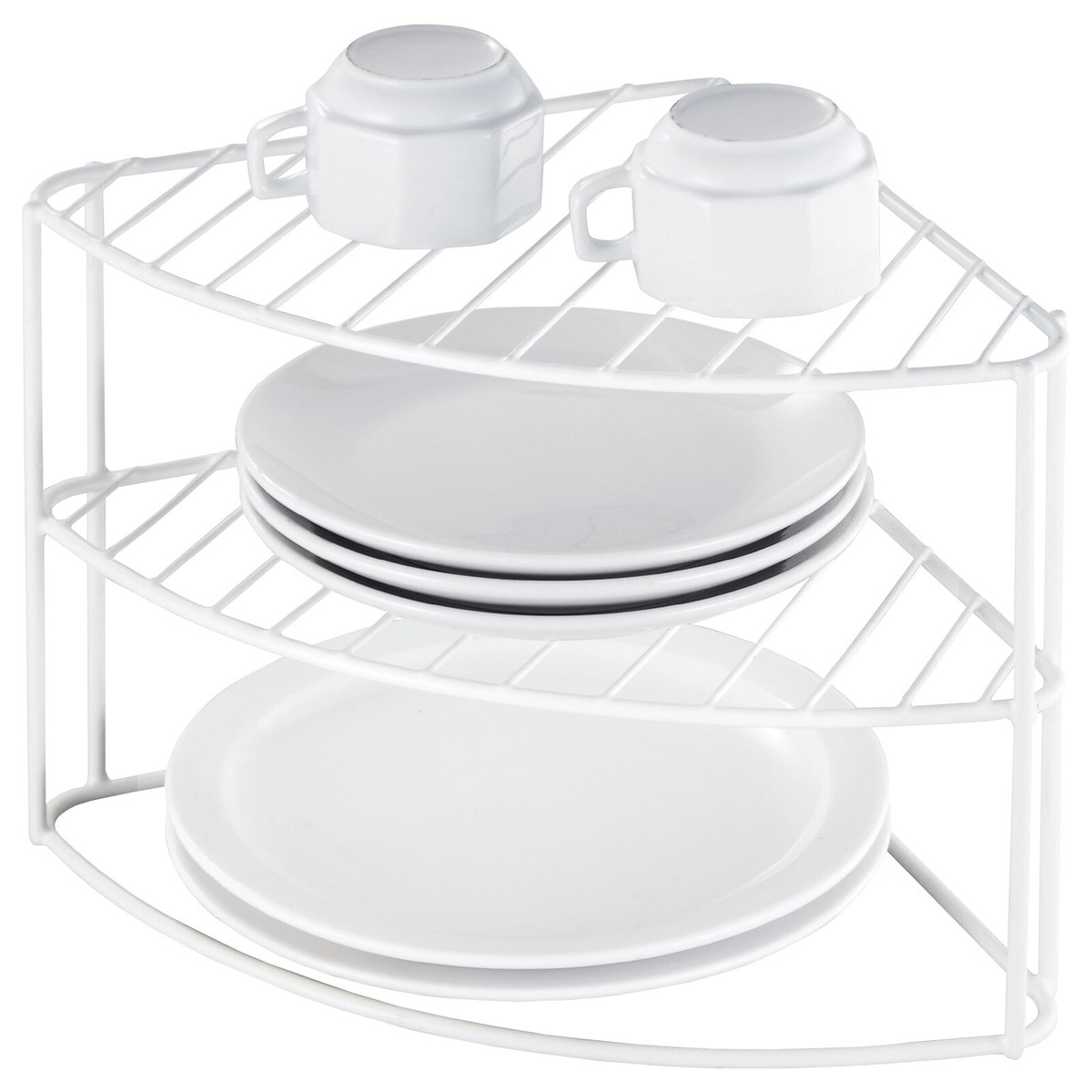 WHITE 2 TIER CORNER PLATE RACK KITCHEN CABINET WORKTOP STAND TIDY HOLDER