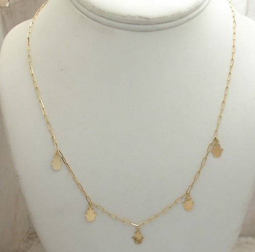 Adjustable Hamsa Charm Pendant Paper Clip Chain Necklace Real 14K Yellow Gold - Picture 1 of 4