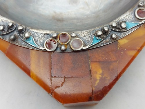 Imperial Russ Faberge Silver 84 Enamel Egg Yolk Butterscotch Amber Ashtray - Picture 4 of 11