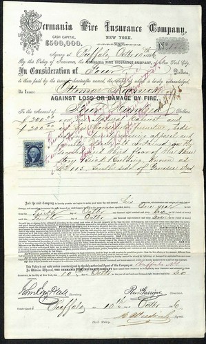 1866 Germania Fire Insurance Policy Document For Nautical Building + 67' Renewal