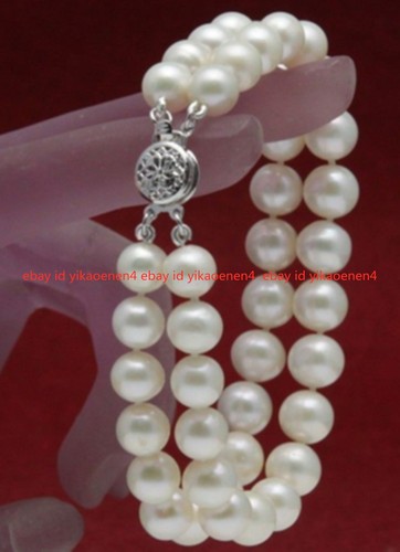 2 Rows 7-8/8-9/9-10mm White Natural Freshwater Akoya Pearl Bracelets 7.5" - Picture 2 of 15