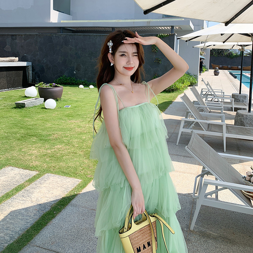Women's Dress Summer Mesh Layer Cake Loose and Slim Binding Strap Long Dress - Bild 5 von 13