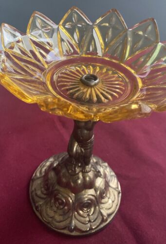 Vintage Metal Cherub Amber Glass Compote Pedestal Candy Dish 6.5 In Tall - Picture 6 of 6