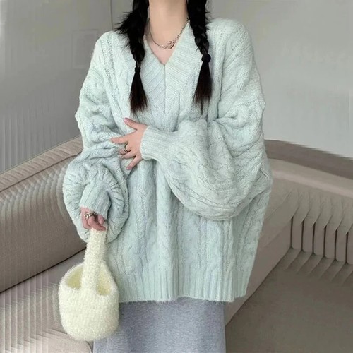 Women Sweater Oversized Knitted Pullovers Long Sleeve V Neck Solid Loose Jumper - Picture 5 of 30