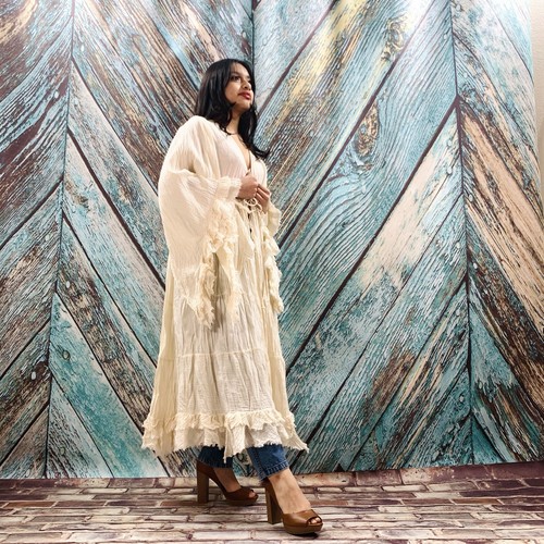 Boho Cara Midi Rüschen Staubtuch Kimono One Size Festival Strand Cover Up Hippie - Bild 2 von 12