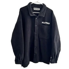 Playboy by Pacsun Shacket Cozy Polar  Solid Fleece M Black Oversized Spellout