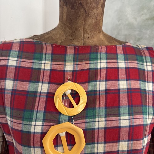 Vintage 1930s Mixed Plaid Print Cotton Dress Oversized Bakelite Buckles Costume - Picture 5 of 19